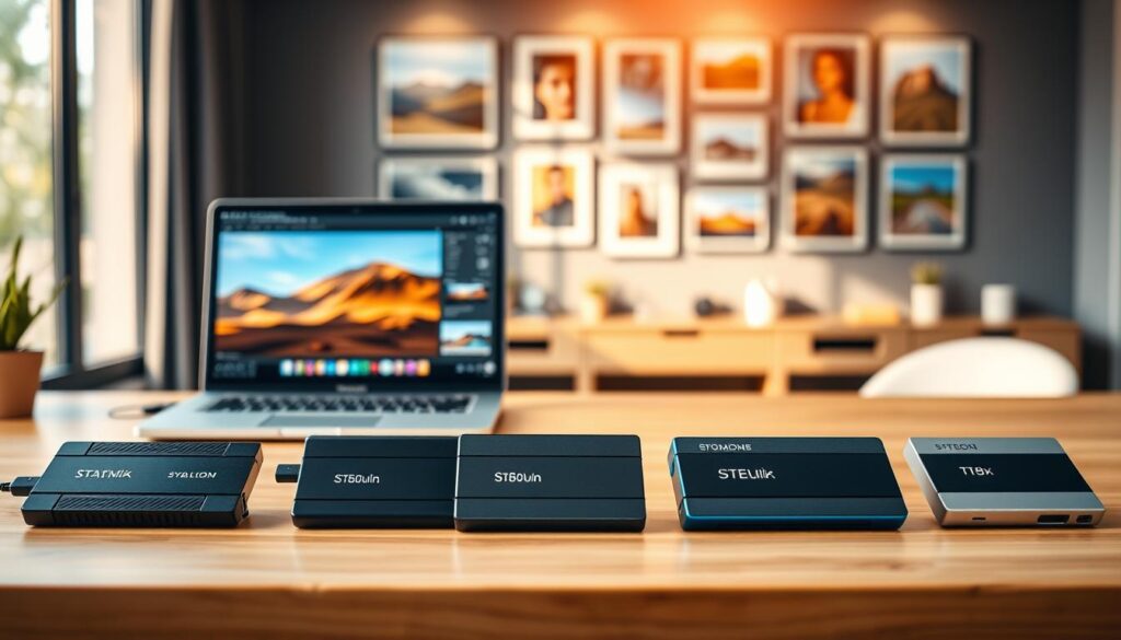 A sleek, modern workspace showcasing the top five external SSDs for photographers in 2026. In the foreground, display five stylish SSDs with various designs, textures, and colors, arranged neatly on a polished wooden desk. In the middle ground, include a high-resolution laptop with a photography editing software open, revealing vibrant images of landscapes and portraits. The background features soft-focus photography prints hanging on the wall, bathed in warm, natural light streaming through a large window, creating an inviting atmosphere. Emphasize a professional yet creative vibe, capturing a sense of security and innovation in data storage. Use a shallow depth of field to keep the SSDs in sharp focus while softly blurring the background elements.