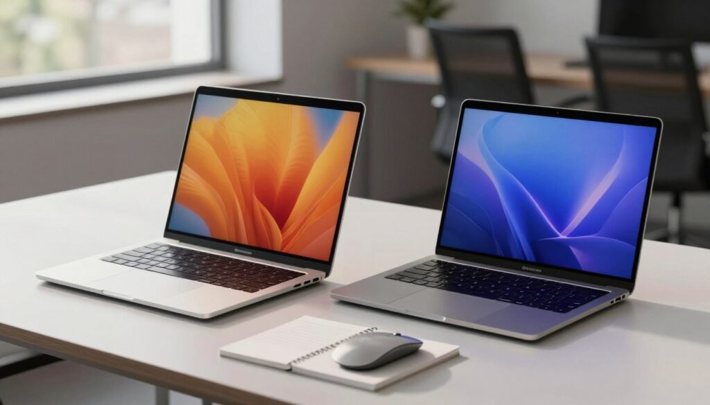 A sleek, modern workspace showcasing two MacBook Air laptops side by side, one representing the M3 model, the other the M4 model. The M3 laptop is silver and has a slightly thicker profile, while the M4 is space gray with a thinner, more refined design. In the foreground, a minimalistic desk with a stylish mouse and a notepad lies between them. The background features a softly blurred office environment with natural light streaming in through a window, casting gentle shadows on the desk. The atmosphere is professional yet inviting, embodying a tech-savvy ambiance. Shooting from a slightly elevated angle, focus on the elegant curves and display quality of each MacBook, with vivid colors highlighting their screens.
