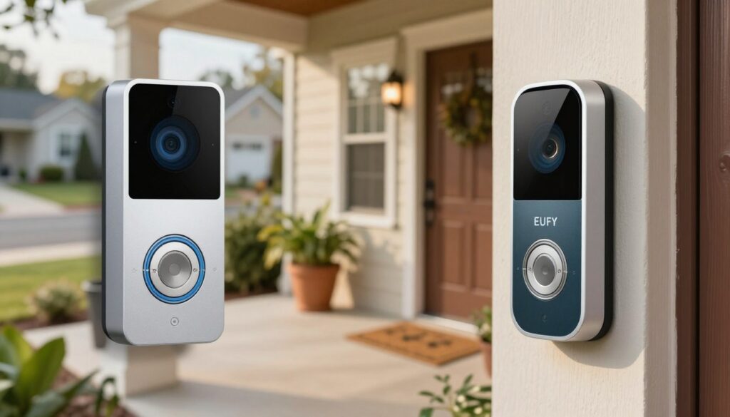 A split image featuring the Ring Doorbell on the left and the Eufy Doorbell on the right, both shown in a modern home entrance setting. In the foreground, each doorbell is prominently displayed, clearly highlighting their distinctive designs and features. The middle ground shows a softly lit porch area with potted plants and a welcoming mat, indicating a secure and inviting environment. The background consists of a subtly blurred suburban neighborhood, adding context without distraction. Utilize warm, natural lighting to create a friendly atmosphere, and employ a shallow depth of field to draw focus on the doorbells. The mood should feel secure and contemporary, embodying the theme of user control and privacy in smart home technology. A split image featuring the Ring Doorbell on the left and the Eufy Doorbell on the right, both shown in a modern home entrance setting. In the foreground, each doorbell is prominently displayed, clearly highlighting their distinctive designs and features. The middle ground shows a softly lit porch area with potted plants and a welcoming mat, indicating a secure and inviting environment. The background consists of a subtly blurred suburban neighborhood, adding context without distraction. Utilize warm, natural lighting to create a friendly atmosphere, and employ a shallow depth of field to draw focus on the doorbells. The mood should feel secure and contemporary, embodying the theme of user control and privacy in smart home technology.