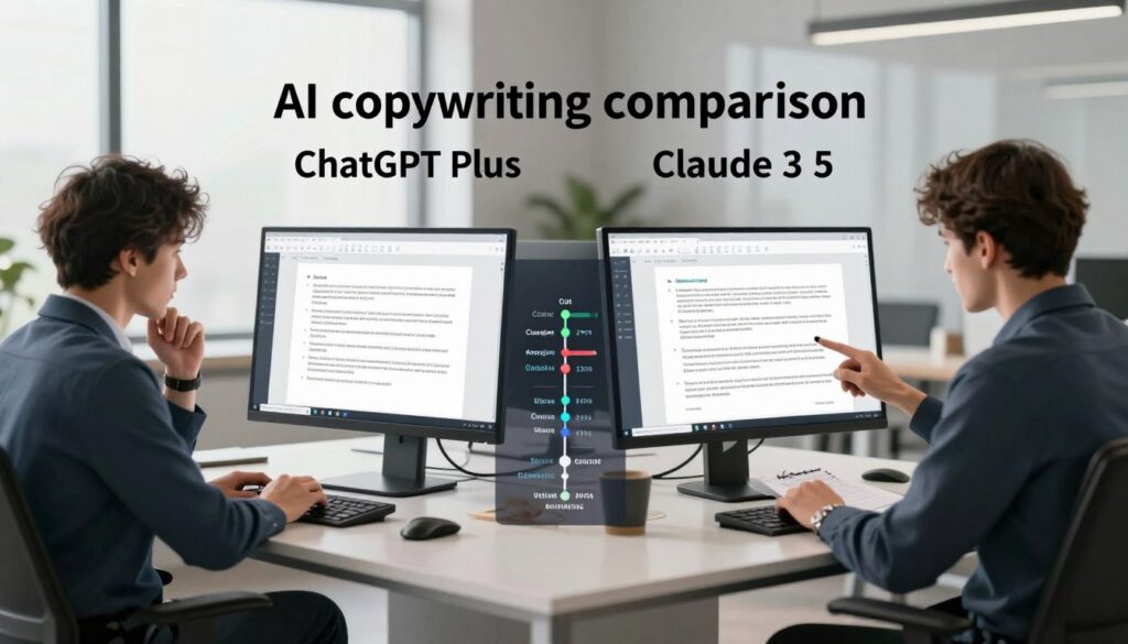 A split-screen illustration depicting an "AI copywriting comparison" themed around ChatGPT Plus and Claude 3.5. In the foreground, two computers side by side on sleek, modern desks, showcasing their interfaces filled with text drafts. A thoughtful professional in business attire reviews the content on the left side, while on the right, another professional compares the output with a notepad. In the middle, an infographic-style chart comparing cost and performance metrics subtly overlays the desks, blending into the scene. The background features a contemporary office with large windows allowing soft natural light to stream in, creating a productive and collaborative atmosphere. The image should evoke a sense of innovation and professionalism while remaining clean and focused.