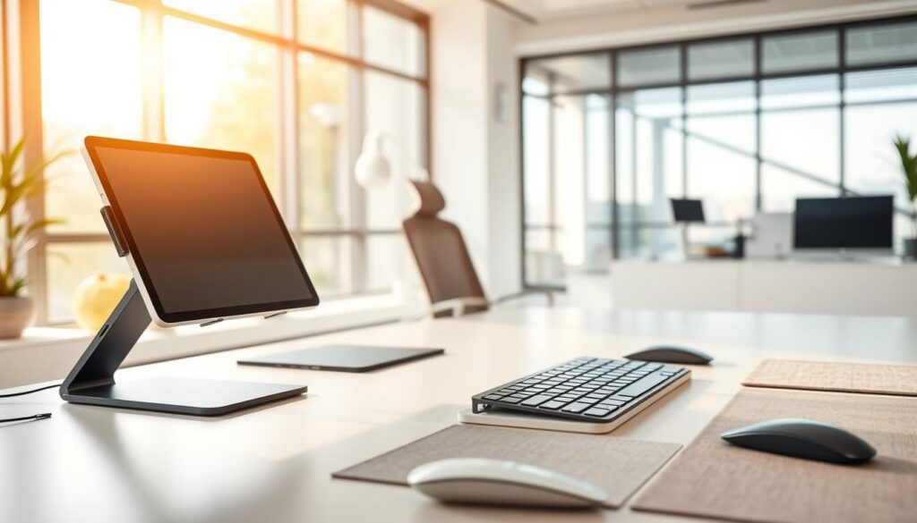 A stylish and modern workspace featuring ergonomic accessories designed for the iPad Pro, set against a clean, well-lit desk. In the foreground, showcase an adjustable ergonomic stand holding the iPad Pro at eye level, alongside a sleek wireless keyboard and an ergonomic mouse. In the middle ground, include a comfortable office chair with lumbar support and a soft, minimalist desk mat. The background should have a soft-focus view of a bright, contemporary office with large windows, allowing natural light to flood in, enhancing the atmosphere of productivity and well-being. Use a warm color palette to evoke a sense of comfort and efficiency, with soft shadows accentuating the ergonomic features. The overall mood is professional and inviting, emphasizing a balance between aesthetics and functionality.