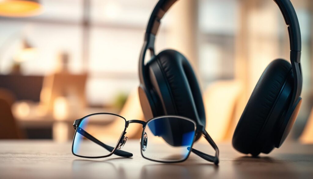 A stylish pair of noise-canceling headphones designed for eyeglass wearers, prominently displayed in the foreground. The headphones are sleek and modern, featuring plush ear cushions that gently accommodate eyeglasses without pressure. In the middle ground, an elegant pair of eyeglasses rests beside the headphones, highlighting their compatibility. The background showcases a softly blurred office environment, evoking a professional atmosphere with natural lighting streaming through a window. The lens captures a slight bokeh effect, creating an inviting mood that suggests comfort and functionality. The overall color palette is warm and calming, with hints of earthy tones to enhance the approachable, sophisticated vibe of the scene.