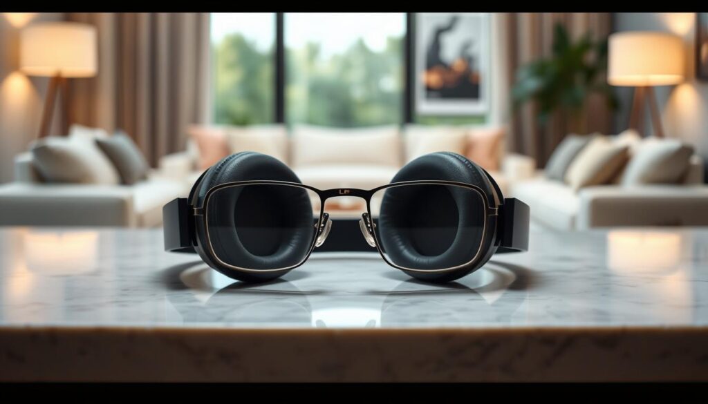 A stylish pair of top noise-cancelling headphones designed for eyeglass users, elegantly resting on a sleek marble surface. The headphones feature plush ear cushions that accommodate glasses without pressure, crafted from high-quality materials that evoke luxury. In the foreground, focus on the intricate details of the headphones, showcasing their modern design and color options. In the middle ground, a blurred background of a cozy modern living room, softly lit by ambient lighting, suggests a peaceful atmosphere. The image captures the mood of comfort and relaxation, conveying the headphones' purpose of providing an immersive and pressure-free listening experience for eyeglass wearers. The angle is slightly tilted to emphasize the aesthetic appeal, ensuring a professional yet inviting look.