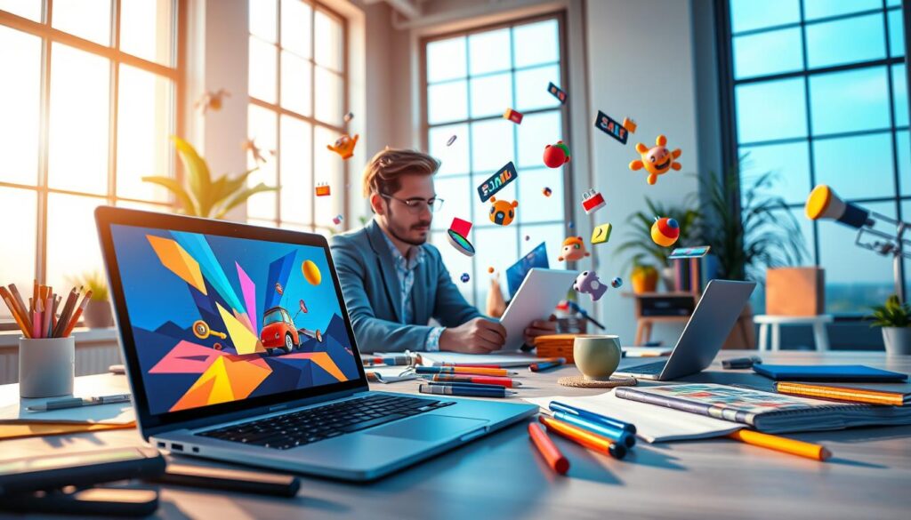 A vibrant and dynamic workspace filled with elements of animation and motion graphics. In the foreground, a sleek laptop displays colorful motion graphics on the screen. Surrounding the laptop are design tools like stylus pens, color palettes, and notebooks scattered creatively. The middle ground features a professional designer, dressed in smart casual attire, working intently on the animation project, with animated characters and graphics floating around them in a playful manner. In the background, large windows let in soft, natural sunlight that illuminates the room, creating a warm and inspiring atmosphere. The colors are bright and engaging, evoking a sense of creativity and innovation, while the entire scene captures the essence of modern design and animation.