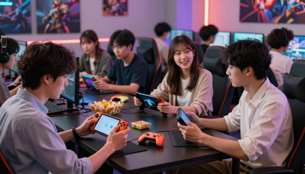 A vibrant gaming community meeting takes center stage in this image, featuring a diverse group of gamers engaged in lively discussions around handheld devices like the Steam Deck OLED and ASUS ROG Ally X. In the foreground, a male gamer wearing casual, professional attire intently examines the screens of the devices, while a female gamer, also in business casual, enthusiastically shares her insights. In the middle ground, a sleek gaming table is adorned with colorful game controllers and snacks, evoking a cozy, communal atmosphere. The background showcases a modern gaming space with colorful LED lights and game posters, creating an inviting mood. Soft, diffused lighting illuminates the scene, enhancing the sense of collaboration and community support among gamers, with a slight depth-of-field effect for added focus.