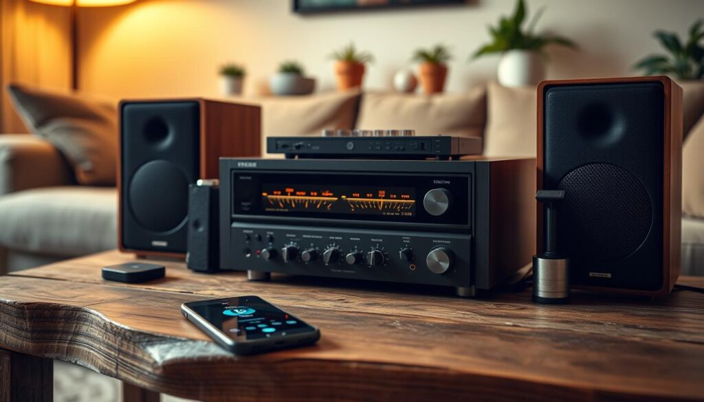 A vintage stereo system transformed with modern Bluetooth technology, set on a rustic wooden table in a cozy living room. The foreground features an old-school stereo receiver with analog dials, surrounded by sleek Bluetooth adapters and a pair of classic speakers, showcasing a fusion of past and present. In the middle ground, a stylish smartphone is connected to the stereo via Bluetooth, displaying vibrant light indicators. The background features soft-focus elements like a warm-toned wall and decorative plants, enhancing a nostalgic yet contemporary atmosphere. Ambient lighting casts a gentle glow, creating a welcoming mood. Use a slightly tilted perspective to add depth, focusing on the stereo in crisp detail while maintaining a soft bokeh effect on the background.