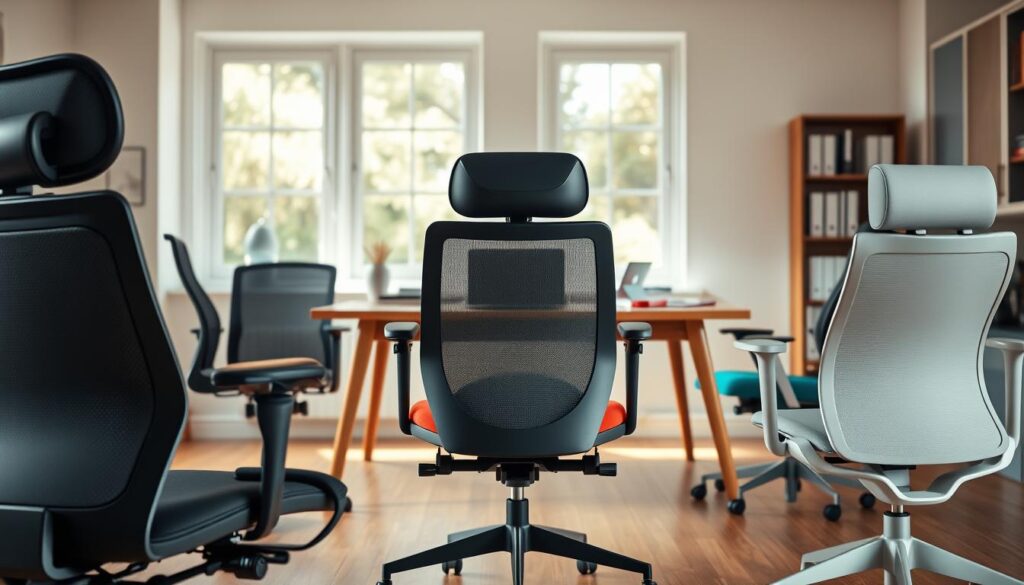 A visually appealing and modern workspace featuring the top five ergonomic office chairs for home offices in 2026. In the foreground, highlight five distinct ergonomic chairs with unique designs, showcasing varying materials and colors, such as sleek black mesh, luxurious leather, vibrant fabric, and innovative shapes. The middle ground should display a clean, stylish wooden desk with accessories like a laptop, books, and stationery, reflecting a functional workspace. In the background, softly lit windows provide natural light, emphasizing a calm and productive atmosphere. Use a warm color palette with soft shadows and focus on a slightly angled view to create depth and interest, capturing the essence of modern home-office ergonomics in an inviting setting.