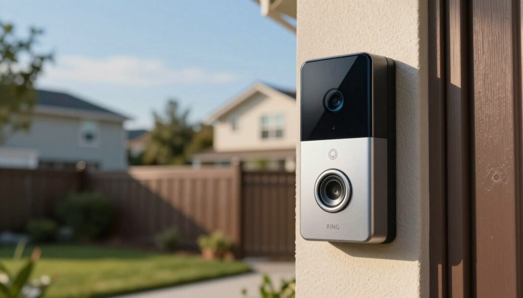 A visually compelling image of a Ring doorbell prominently featured in the foreground, showcasing its sleek design and smart technology. The middle ground includes a blurred fence and a front door, hinting at a home environment. In the background, a gentle suburban landscape, with soft greenery and residential houses under a clear blue sky provides context. The lighting is warm and inviting, highlighting the features of the doorbell, and creating a sense of security. The angle is slightly low, emphasizing the doorbell while maintaining a clear view of its surroundings. The mood is professional and informative, aligning with the theme of privacy and technology in smart home devices. There are no human figures in the image. A visually compelling image of a Ring doorbell prominently featured in the foreground, showcasing its sleek design and smart technology. The middle ground includes a blurred fence and a front door, hinting at a home environment. In the background, a gentle suburban landscape, with soft greenery and residential houses under a clear blue sky provides context. The lighting is warm and inviting, highlighting the features of the doorbell, and creating a sense of security. The angle is slightly low, emphasizing the doorbell while maintaining a clear view of its surroundings. The mood is professional and informative, aligning with the theme of privacy and technology in smart home devices. There are no human figures in the image.