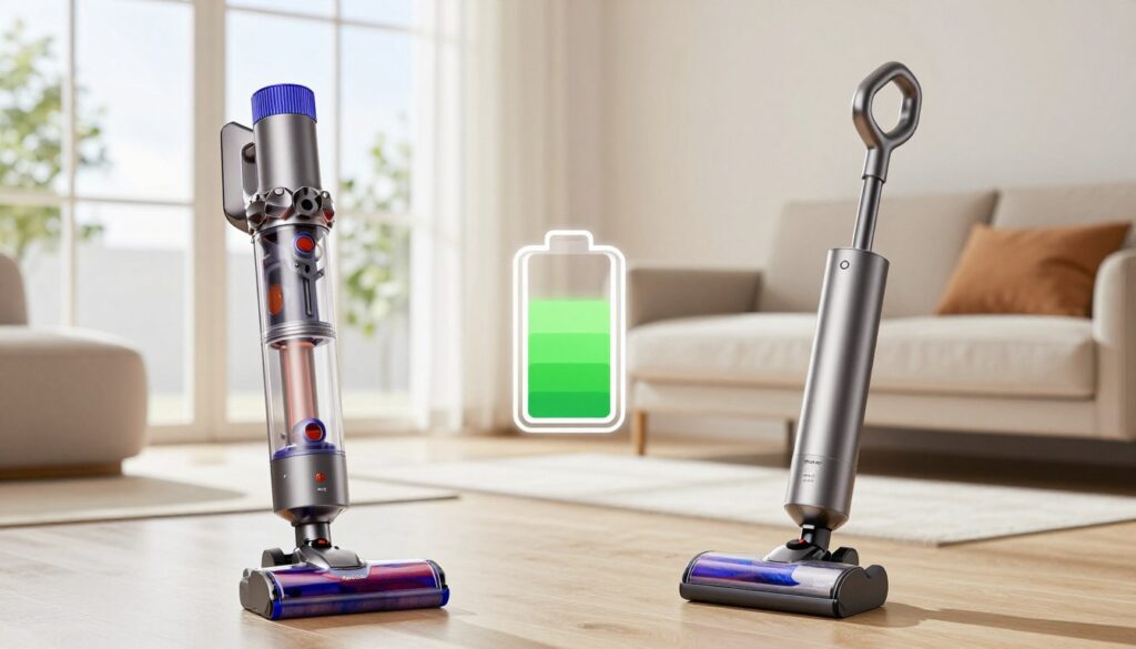 A visually engaging comparison image featuring a Dyson V15 vacuum cleaner on one side and a Shark Stratos vacuum on the other. In the foreground, both devices are displayed prominently, angled slightly towards the viewer to highlight their design and features. In the middle, an infographic-style battery icon or charging symbol, illustrating the concept of battery life, subtly overlays the scene. The background blends a modern, clean household setting, emphasizing a bright and airy environment with natural light streaming through large windows, creating a welcoming atmosphere. The focus should be on showcasing the sleek design of both vacuums, capturing any distinct features, with soft shadows to enhance their contours, all while maintaining a professional and informative mood.