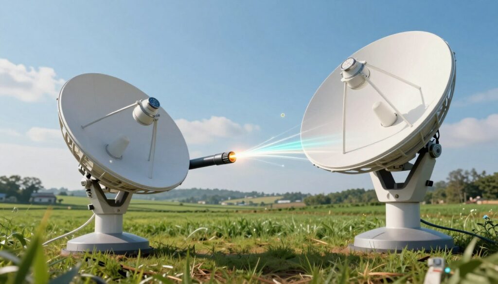 A visually engaging comparison of energy efficiency between satellite internet and fiber optics. In the foreground, illustrate a sleek satellite dish symbolizing satellite internet, with subtle indicators of energy consumption, such as power meters. In the middle ground, depict a cross-section of fiber optic cables with glowing light trails, representing high-speed connectivity and low energy usage. The background showcases a serene rural landscape, underscoring the environmental impact, with a clear blue sky and green fields. Utilize soft, natural lighting to create an inviting atmosphere. The scene should reflect professionalism and innovation in technology, emphasizing sustainability. Use a wide-angle perspective to capture the depth of the comparison.