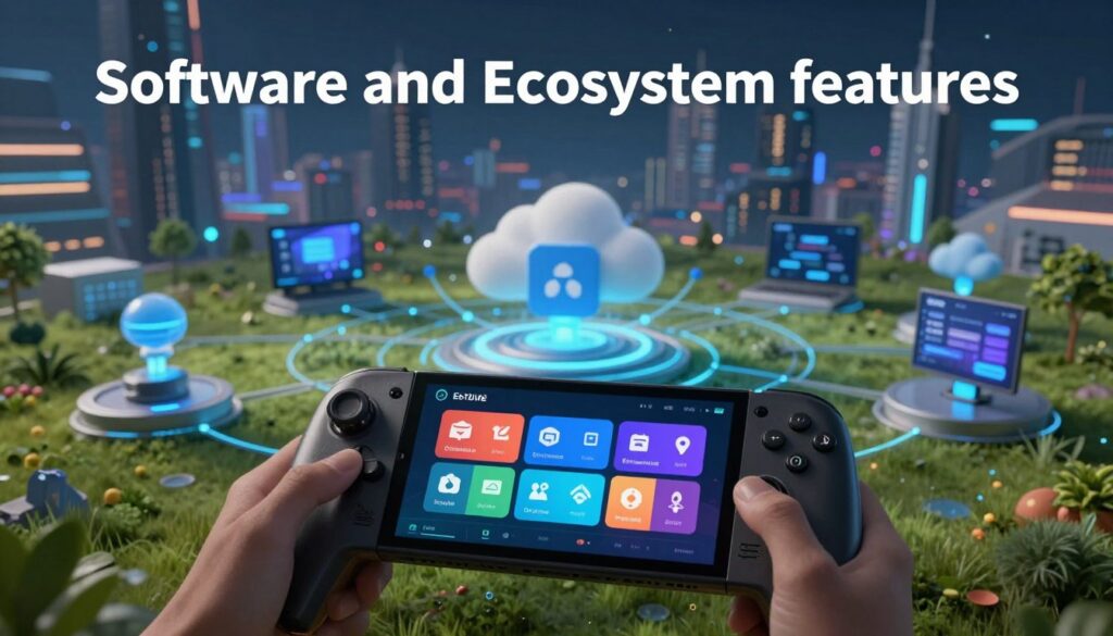A visually engaging representation of "Software and Ecosystem features" showcasing an interactive digital landscape. In the foreground, a sleek, modern handheld gaming device prominently displays vibrant software interfaces, with icons symbolizing various ecosystems, such as gaming libraries, app stores, and user communities. In the middle ground, abstract representations of cloud storage and online connectivity weave through a network of interconnected devices, illustrating seamless integration. The background features a futuristic city skyline bathed in soft, ambient lighting, hinting at innovation and technology. The overall mood is dynamic yet professional, with a color palette of blues and greens to evoke a sense of trust and creativity. The image should be captured from a slightly elevated angle for a dramatic effect, emphasizing depth and connection in the digital ecosystem.