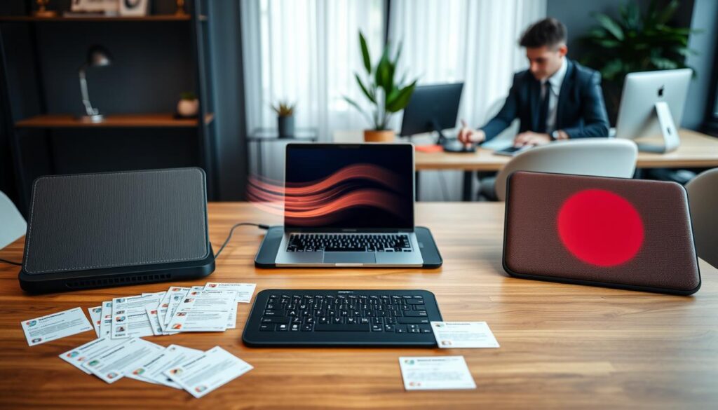 A visually engaging side-by-side comparison of various laptop cooling pads on a sleek wooden table, showcasing their unique designs and features. In the foreground, the cooling pads are displayed with numerous customer review cards beside them, featuring colorful icons and star ratings. The middle section showcases a softly blurred laptop emitting faint heat waves, adding context to the cooling pads' purpose. In the background, a modern workspace with a decorative plant and a laptop user in professional attire is visible, engaging with the cooling pads. Soft, diffused lighting creates an inviting atmosphere, highlighting the textures and colors of the cooling pads, while a slightly elevated angle offers a comprehensive view of the setup.
