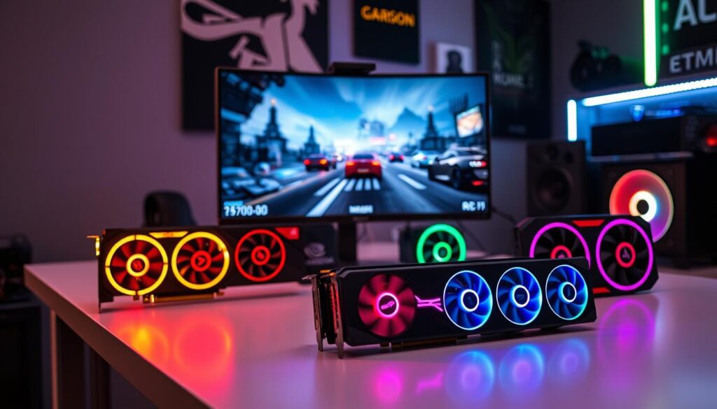 A visually striking arrangement of the top budget GPUs for 1440p gaming, prominently displayed on a sleek, modern workstation desk. In the foreground, a selection of graphics cards like the AMD Radeon RX and NVIDIA GeForce series shimmer under dynamic RGB lighting, emphasizing their design features. The middle ground showcases a high-resolution gaming monitor with a vivid 1440p game scene, enhancing the immersive feel. The background hints at a gaming setup with ambient LED lighting and gaming paraphernalia, creating a tech-savvy atmosphere. The scene is captured from a slightly elevated angle, using soft, diffused lighting to highlight textures and details on the GPUs while maintaining a professional and engaging look. The overall mood is energetic yet polished, suitable for gaming enthusiasts.