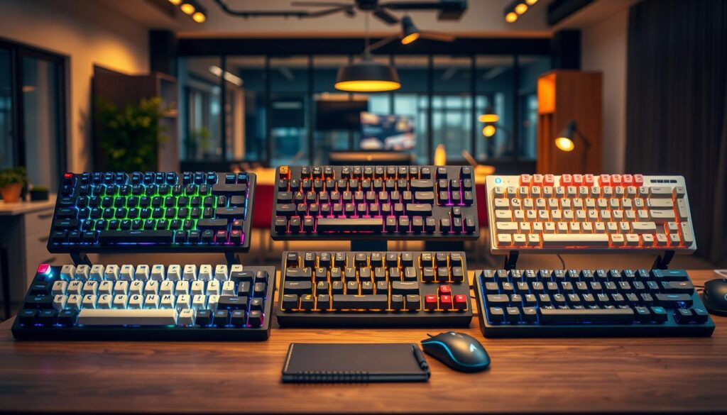 A visually striking composition showcasing the top five mechanical keyboards designed for heavy typing in 2026. In the foreground, prominently display five distinct mechanical keyboards, each featuring different keycap designs, switch types, and colorful RGB lighting, highlighting their unique features. In the middle, an elegant wooden desk setting enhances the keyboards, emphasizing a professional and inviting workspace. Arrange various typing accessories like a comfortable wrist rest, a high-precision mouse, and a stylish notebook for context. The background should include a softly blurred modern office space with warm lighting, creating a focused yet relaxed atmosphere. Use a professional lens effect to bring attention to the keyboards while keeping the surrounding environment subtly defined. The mood is productive and inspiring, perfect for avid typists and tech enthusiasts.