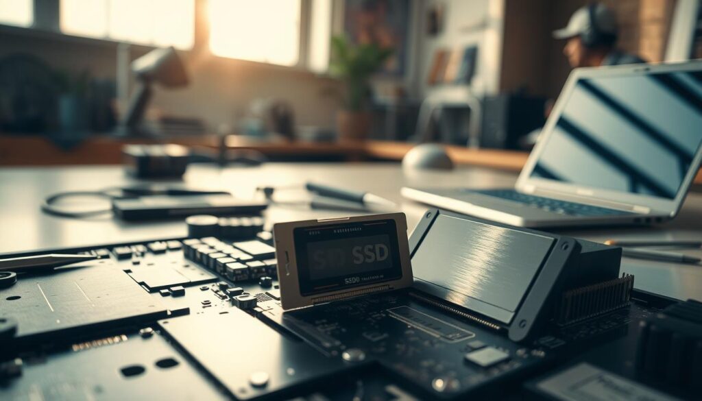 A visually striking image showcasing the concept of SSD upgrades for older laptops. In the foreground, display a disassembled laptop with a glimmering SSD prominently placed beside it, highlighting its modern design. The middle ground should feature tools like screwdrivers and RAM modules, indicating an upgrade process. In the background, a soft-focus workspace depicting a professional environment, with a laptop in use, glowing on a desk illuminated by natural light streaming through a window. The atmosphere should be one of innovation and efficiency, captured with a warm color palette. Use a slight tilt-angle lens perspective to enhance depth, creating a dynamic and engaging composition. A visually striking image showcasing the concept of SSD upgrades for older laptops. In the foreground, display a disassembled laptop with a glimmering SSD prominently placed beside it, highlighting its modern design. The middle ground should feature tools like screwdrivers and RAM modules, indicating an upgrade process. In the background, a soft-focus workspace depicting a professional environment, with a laptop in use, glowing on a desk illuminated by natural light streaming through a window. The atmosphere should be one of innovation and efficiency, captured with a warm color palette. Use a slight tilt-angle lens perspective to enhance depth, creating a dynamic and engaging composition.