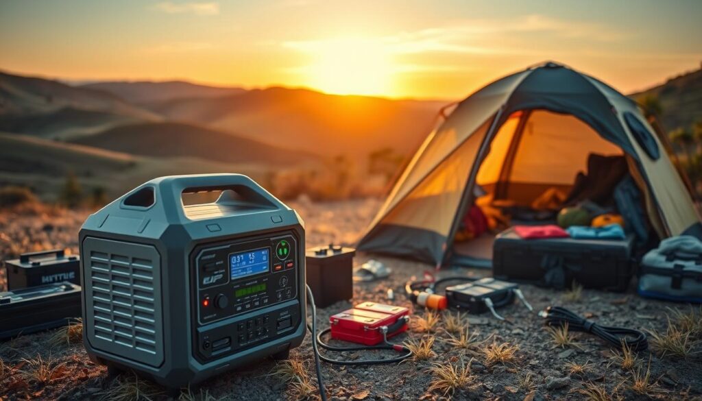 A vivid outdoor scene showcasing innovative camping power stations in an idyllic natural setting. In the foreground, a compact, sleek solar generator with intuitive controls, surrounded by various high-performance batteries and charging devices. The middle ground features a well-equipped campsite with a tent, outfitted with LED lights powered by the solar generator, and camping gear neatly arranged. The background displays a picturesque landscape of rolling hills and a gentle sunset casting warm, golden light over the scene, enhancing the tranquil atmosphere. The angle captures the setup at eye level, inviting engagement with the equipment. Ideal for illustrating the top brands in camping power solutions.