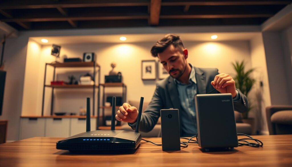 A well-furnished basement room depicting a WLAN router and network extender setup. In the foreground, a person in smart casual attire is adjusting the devices on a desk, looking focused. The middle ground features a shelf with various tech gadgets and networking equipment, and a wall with minimalistic decorations. The background shows a cozy home environment with warm lighting to create an inviting atmosphere. The room has a subtle blue light emanating from the router, symbolizing connectivity. The angle captures both the person and the equipment, emphasizing the importance of optimizing WLAN coverage. The mood is productive and tech-savvy, reflecting the theme of improving internet connectivity in a basement space. A well-furnished basement room depicting a WLAN router and network extender setup. In the foreground, a person in smart casual attire is adjusting the devices on a desk, looking focused. The middle ground features a shelf with various tech gadgets and networking equipment, and a wall with minimalistic decorations. The background shows a cozy home environment with warm lighting to create an inviting atmosphere. The room has a subtle blue light emanating from the router, symbolizing connectivity. The angle captures both the person and the equipment, emphasizing the importance of optimizing WLAN coverage. The mood is productive and tech-savvy, reflecting the theme of improving internet connectivity in a basement space.