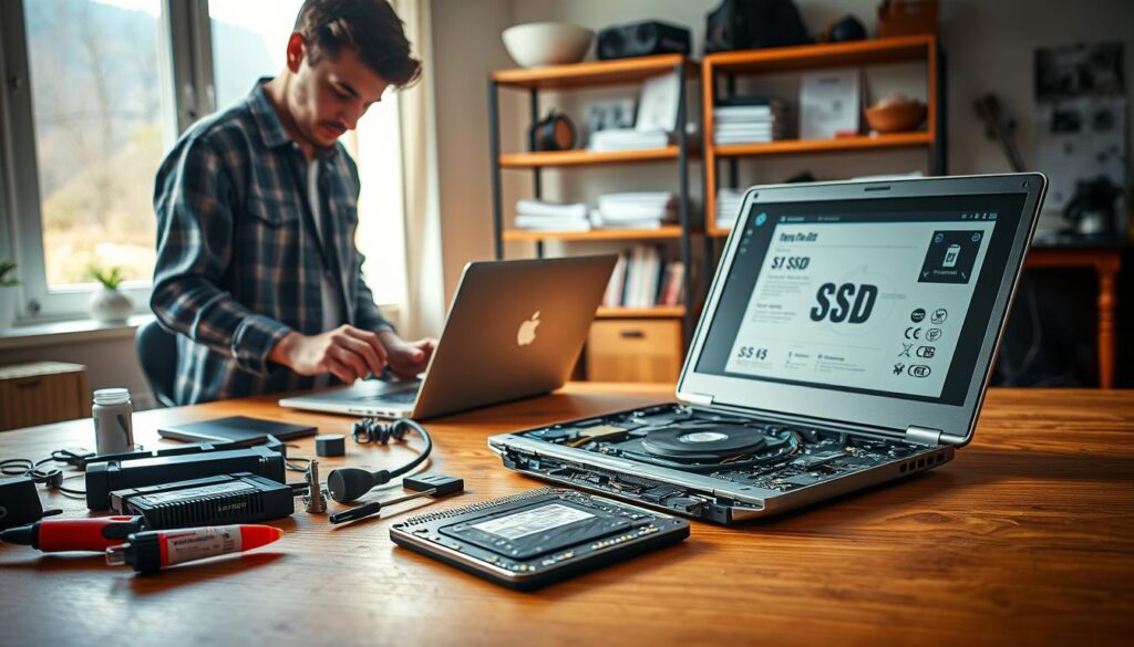 A well-lit workspace featuring an array of budget-friendly SSDs and laptop components on a sturdy wooden desk. In the foreground, a technician wearing modest casual clothing is carefully handling an SSD, with tools like a screwdriver and thermal paste nearby. In the middle ground, an open laptop displays its internal components, showcasing a freshly installed SSD and a helpful instruction sheet. The background features a shelf with repair manuals and other tech gadgets, providing an organized and tech-savvy atmosphere. Soft, natural light pours in from a window, casting gentle shadows that enhance the focus on the SSD. The overall mood conveys an inspiring blend of innovation and practicality, perfect for DIY enthusiasts looking to upgrade their laptops affordably. A well-lit workspace featuring an array of budget-friendly SSDs and laptop components on a sturdy wooden desk. In the foreground, a technician wearing modest casual clothing is carefully handling an SSD, with tools like a screwdriver and thermal paste nearby. In the middle ground, an open laptop displays its internal components, showcasing a freshly installed SSD and a helpful instruction sheet. The background features a shelf with repair manuals and other tech gadgets, providing an organized and tech-savvy atmosphere. Soft, natural light pours in from a window, casting gentle shadows that enhance the focus on the SSD. The overall mood conveys an inspiring blend of innovation and practicality, perfect for DIY enthusiasts looking to upgrade their laptops affordably.