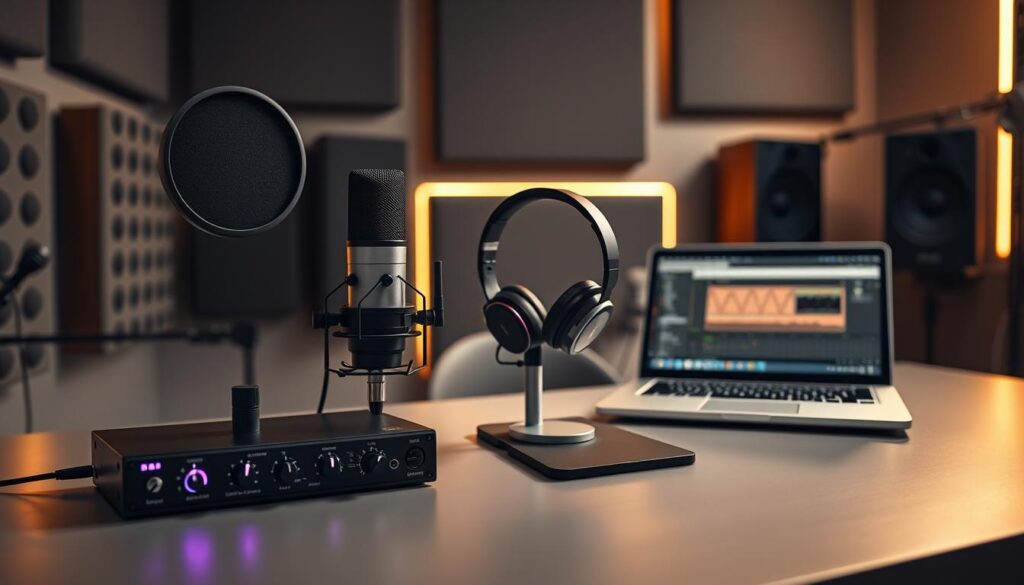 A well-organized podcasting setup on a sleek, modern desk. Foreground features a high-quality, dynamic microphone with a pop filter, next to a compact audio interface with illuminated knobs. In the middle, a pair of over-ear headphones rests on a stylish stand, alongside a laptop displaying audio editing software. The background showcases soundproof panels on the walls, creating a professional recording environment, with soft LED lights casting a warm glow. The scene is captured from a slightly elevated angle to emphasize the equipment's details, giving a sense of depth. The overall atmosphere is inviting and focused, highlighting the optimal gear for both beginner and professional podcasters in a contemporary style.