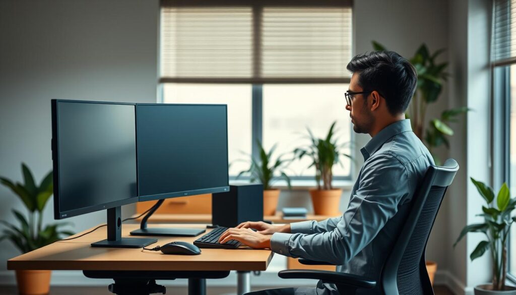 A well-organized workspace showcasing a triple monitor setup focused on ergonomic positioning. In the foreground, three sleek, modern monitors are arranged in a curved formation on a stylish, adjustable standing desk, highlighting their optimal alignment for comfort. A professional individual, dressed in smart casual attire, is seated with a good posture, typing at the keyboard and looking at the central screen. The middle area features ergonomic accessories like a wrist rest and an adjustable chair. In the background, soft, natural lighting streams through a window, accompanied by subtle green plants to enhance the workspace's inviting atmosphere. The overall mood is productive and balanced, emphasizing an efficient and healthy work environment.
