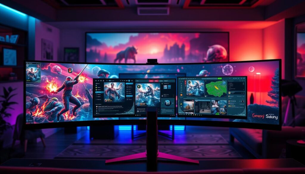 In a modern gaming setup, an ultrawide monitor dominates the foreground, showcasing a panoramic gameplay scene filled with vibrant colors and immersive graphics. The ultrawide screen offers an expansive view, with intense action and detailed environments drawing the viewer in. In the middle ground, a sleek dual monitor setup displays a multiplayer game, emphasizing functionality—each monitor filled with chat interfaces and maps, conveying flexibility. The lighting is atmospheric, with subtle RGB backlighting enhancing the mood and creating a cozy gaming environment. In the background, a stylish gaming room, featuring comfortable seating and minimalistic decor, adds depth. The image captures the contrast between immersion and versatility, portraying the excitement and focus of gaming experiences.