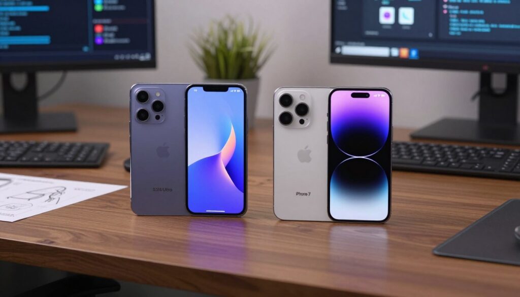 In a sleek, modern tech workspace, showcase a side-by-side comparison of the Samsung Galaxy S26 Ultra and the iPhone 17 Pro Max on a polished wooden desk. The smartphones should be displayed with their screens illuminated, showcasing their vibrant user interfaces. Surround them with elements symbolizing software and user experience, such as UI design sketches, app icons, and coding snippets subtly integrated into the background. Use soft, diffused lighting to create a professional atmosphere, with a slight bokeh effect highlighting the devices in the foreground. The overall mood should be one of innovation and sophistication, conveying the essence of premium technology. Capture the scene from a slightly elevated angle to emphasize the devices' sleek designs and features.